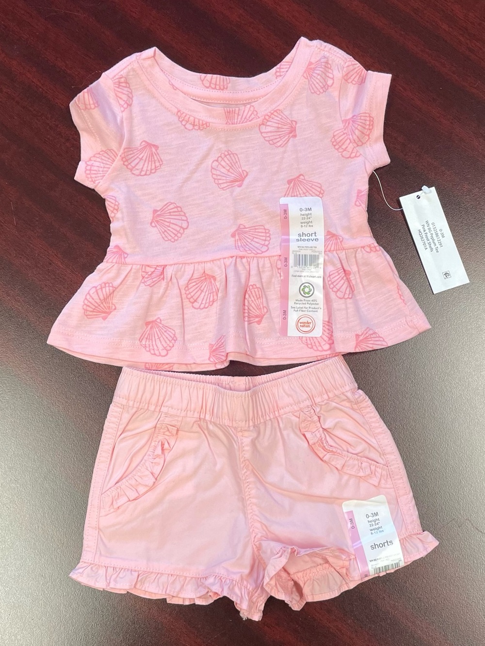 💖5 for $25💖 Wonder Nation Baby Girl Pink Seashell Peplum Top & Ruffle Shorts Set